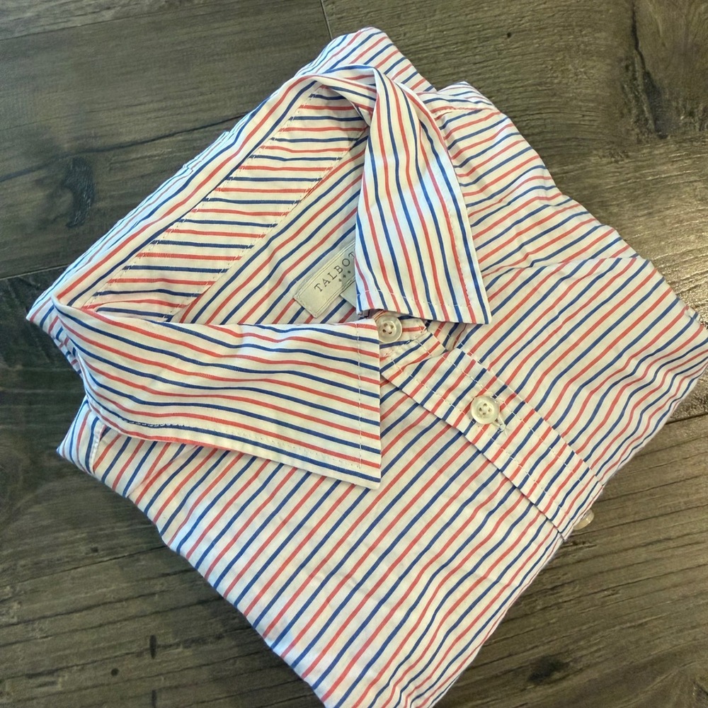 Talbots Womens Small Red White Blue Striped Cotton Button Down Shirt Long Sleeve